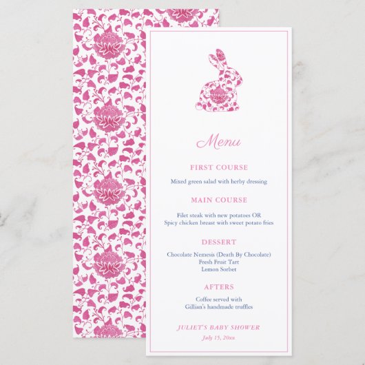Roze Chinoiserie Konijn Bruiloft Feest Menu (Voorkant / Achterkant)