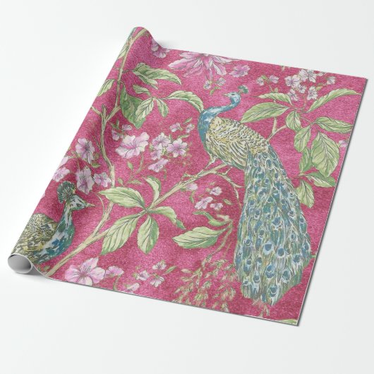 Roze Chinoiserie pauw bloemendecoupage Cadeaupapier (Uitgerold)