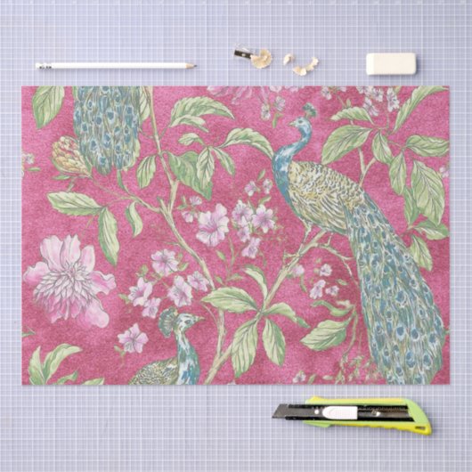 Roze Chinoiserie pauw bloemendecoupage Tissuepapier (Craft)