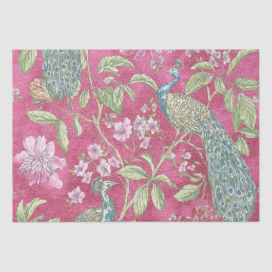 Roze Chinoiserie pauw bloemendecoupage Tissuepapier (Voorkant)