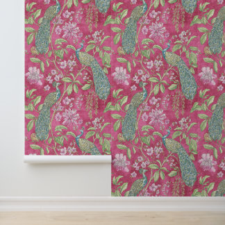Roze Chinoiserie pauw bloemschil en stok Behang