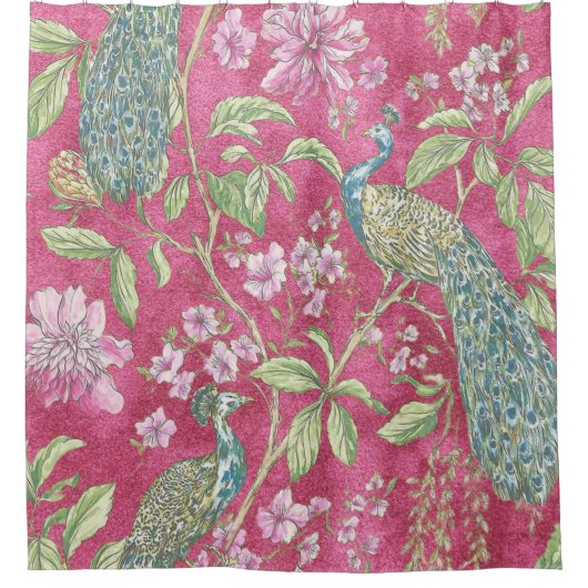 Roze Chinoiserie pauwenbloem Douchegordijn (Voorkant)