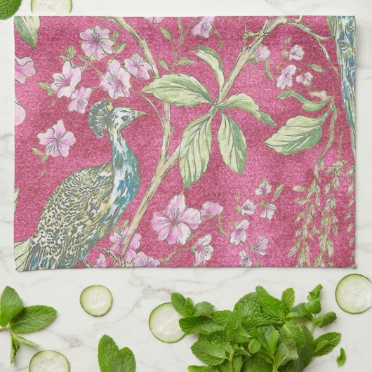 Roze Chinoiserie pauwenbloem Theedoek (Gevouwen)