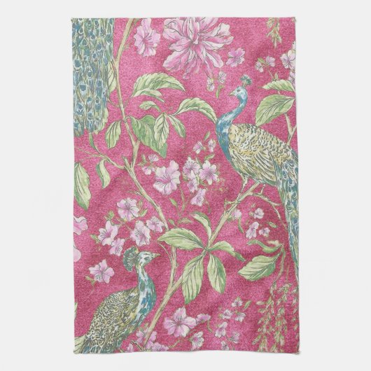 Roze Chinoiserie pauwenbloem Theedoek (Verticaal)