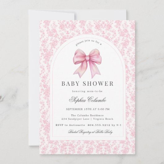 Roze Chinoiserie Toile Coquette Bow Baby shower Kaart (Voorkant)