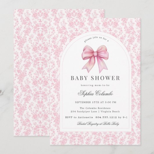 Roze Chinoiserie Toile Coquette Bow Baby shower Kaart (Voorkant / Achterkant)