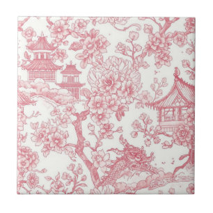 Roze Chinoiserie Toile Draak Kersenbloesem Tegeltje