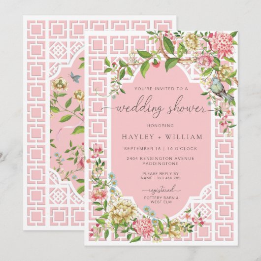 Roze Chinoiserie Trianon Trouwdouche Kaart (Voorkant / Achterkant)