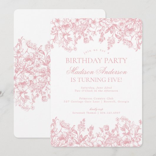 Roze Chinoiserie Vintage Bloemenen Feestje Kaart (Voorkant / Achterkant)