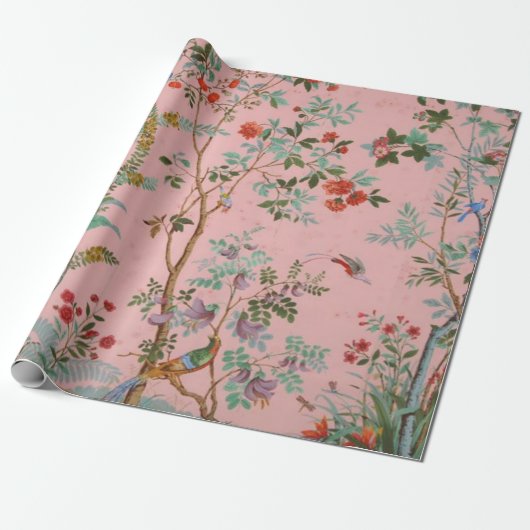 Roze Chinoiserie Vogel Bloemen Decoupage Gift Cadeaupapier (Uitgerold)