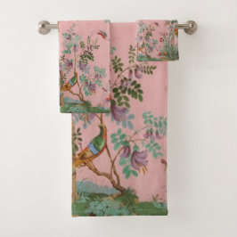 Roze Chinoiserie Vogel Bloemen Elegant Bad Handdoek