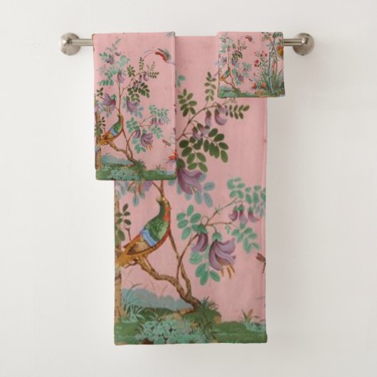 Roze Chinoiserie Vogel Bloemen Elegant Bad Handdoek (Insitu)