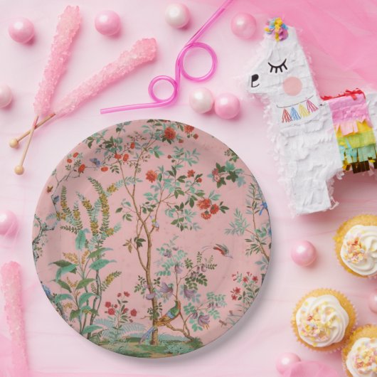 Roze Chinoiserie Vogel Bloemen Papieren Bordje (Feest)