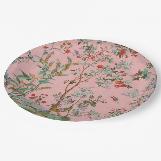 Roze Chinoiserie Vogel Bloemen Papieren Bordje (Gekanteld)