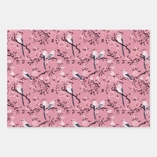 Roze Chinoiserie vogel bloemendecoupage Inpakpapier Vel (Voorkant 3)
