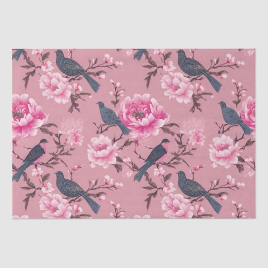Roze Chinoiserie vogel bloemendecoupage Tissuepapier (Voorkant)