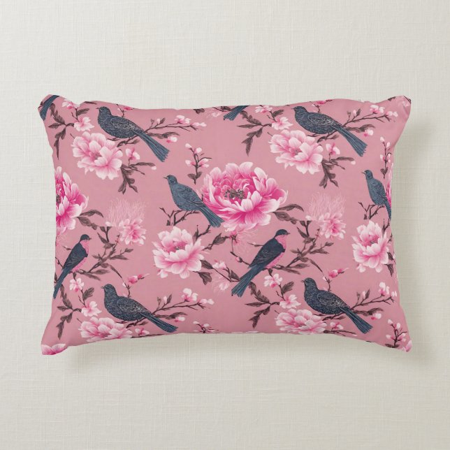 Roze Chinoiserie vogel bloemig Accent Kussen (Voorkant)