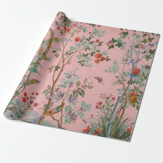 Roze Chinoiserie Vogel Floral Elegante Decoupage Cadeaupapier (Uitgerold)