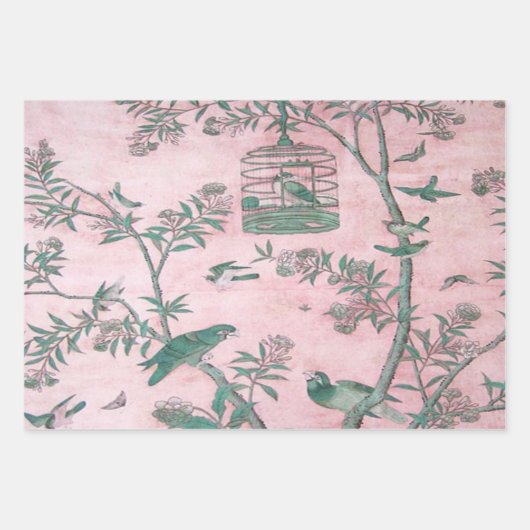 Roze Chinoiserie Vogel Wrapping Papier Bladen Inpakpapier Vel (Voorkant)