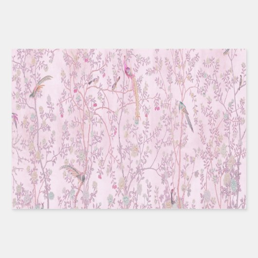 Roze Chinoiserie Vogel Wrapping Papier Bladen Inpakpapier Vel (Voorkant)