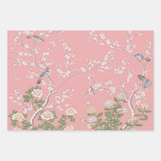 Roze Chinoiserie Vogel Wrapping Papier Bladen Inpakpapier Vel (Voorkant)