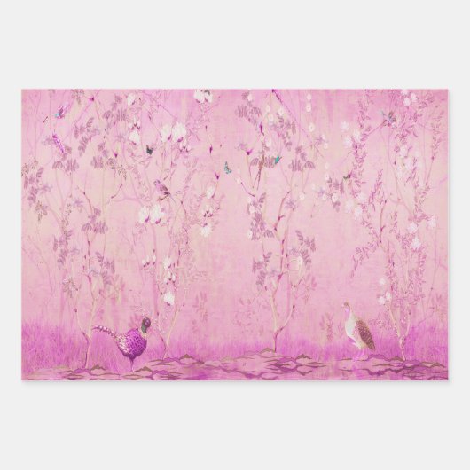 Roze Chinoiserie Vogel Wrapping Papier Bladen Inpakpapier Vel (Voorkant)