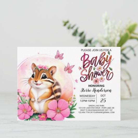 Roze Chipmunk Bliss Whimsical Meisje Baby shower Kaart (Staand voorkant)