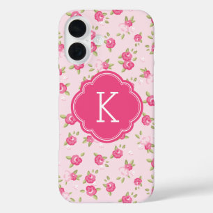 Roze Chique  Bloemenprint Monogram iPhone 16 Hoesje
