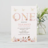 Roze Chique Boho Bloemenvlinders 1e Verjaardag Kaart (Staand voorkant)
