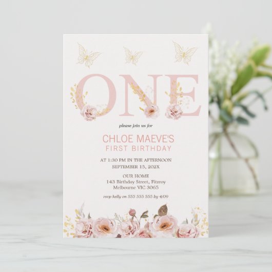 Roze Chique Boho Bloemenvlinders 1e Verjaardag Kaart (Staand voorkant)