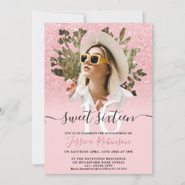 Roze chique glitter ombre foto floral Sweet 16 Kaart