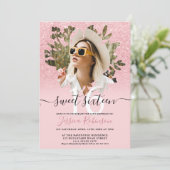 Roze chique glitter ombre foto floral Sweet 16 Kaart (Staand voorkant)