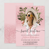Roze chique glitter ombre foto floral Sweet 16 Kaart (Voorkant / Achterkant)