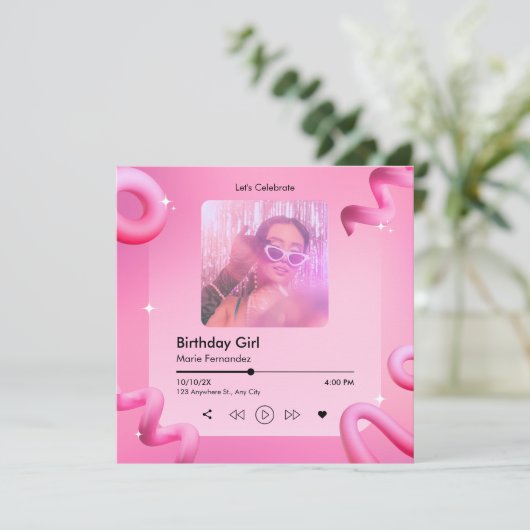 Roze chique muziek afspeellijst cover foto verjaar kaart (Staand voorkant)