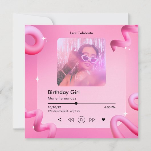 Roze chique muziek afspeellijst cover foto verjaar kaart (Voorkant)