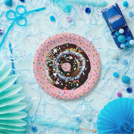 Roze Chocolade Donut met Sprinkles Papier Bord (Feest)