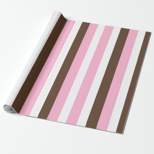 Roze, chocolade en witte strepen cadeaupapier (Uitgerold)