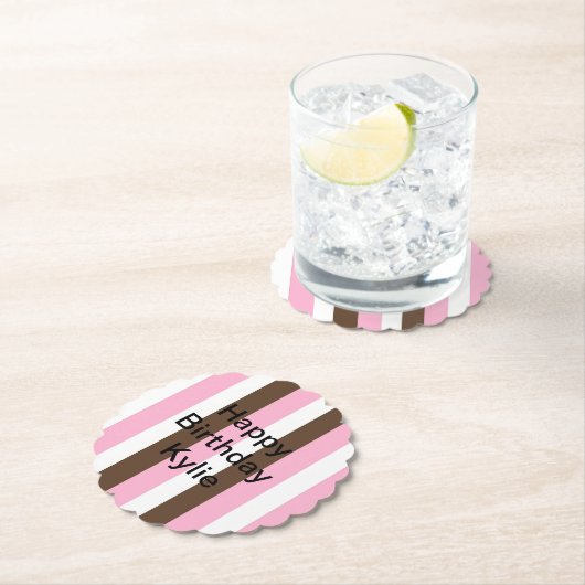 Roze, chocolade en witte strepen Verjaardag Kartonnen Onderzetters (Insitu)