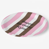 Roze, chocolade en witte strepen Verjaardag Papieren Bordje (Gekanteld)