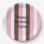 Roze, chocolade en witte strepen Verjaardag Papieren Bordje (Voorkant)