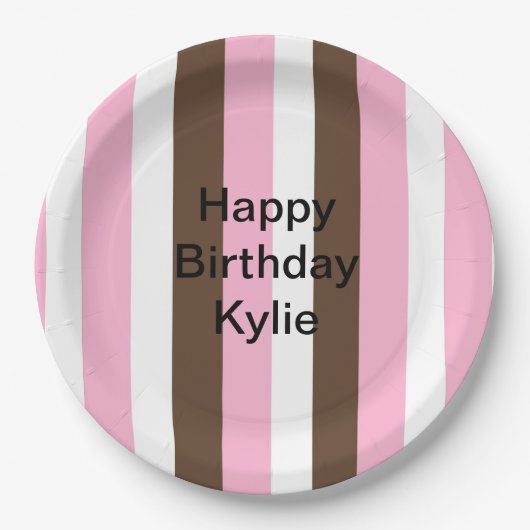 Roze, chocolade en witte strepen Verjaardag Papieren Bordje (Voorkant)