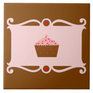 Roze & Chocolade Hart Cupcake Keramische Tegel Tegeltje