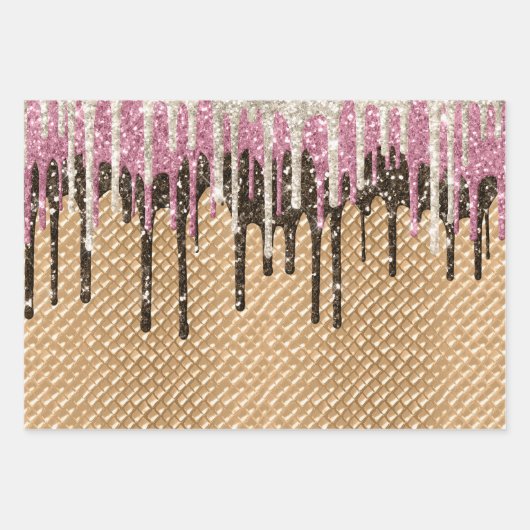 Roze Chocolade Ice Cream Cone Glitter Druppels Inpakpapier Vel (Voorkant)