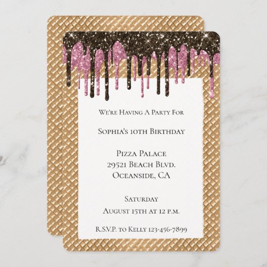 Roze Chocolade Ice Cream Cone Glitter Druppels Kaart (Voorkant / Achterkant)