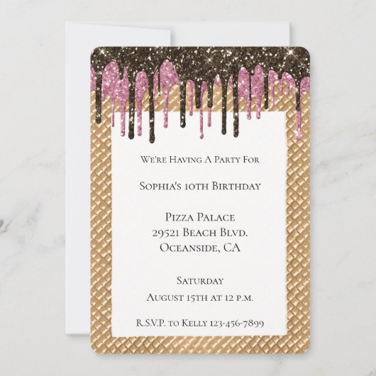 Roze Chocolade Ice Cream Cone Glitter Druppels Kaart (Voorkant)