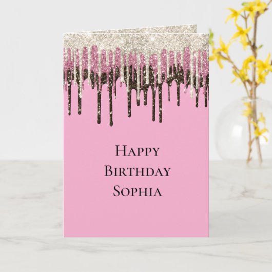 Roze Chocolade Ice Cream Glitter Drips Verjaardag Kaart (Gele Bloem)