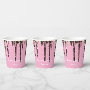Roze Chocolade Ice Cream Glitter Drips Verjaardag Papieren Bekers
