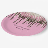Roze Chocolade Ice Cream Glitter Drips Verjaardag Papieren Bordje (Gekanteld)