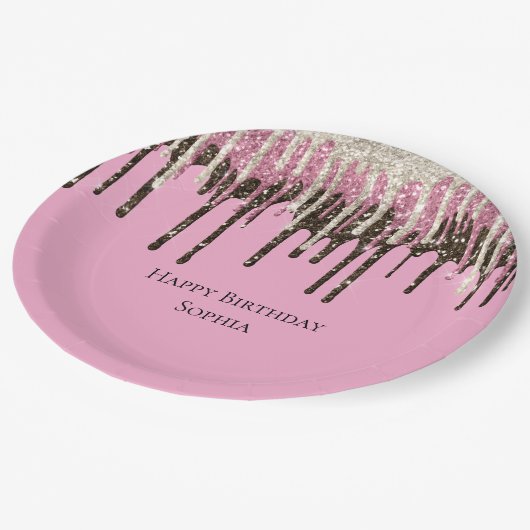 Roze Chocolade Ice Cream Glitter Drips Verjaardag Papieren Bordje (Gekanteld)