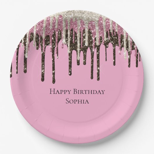 Roze Chocolade Ice Cream Glitter Drips Verjaardag Papieren Bordje (Voorkant)